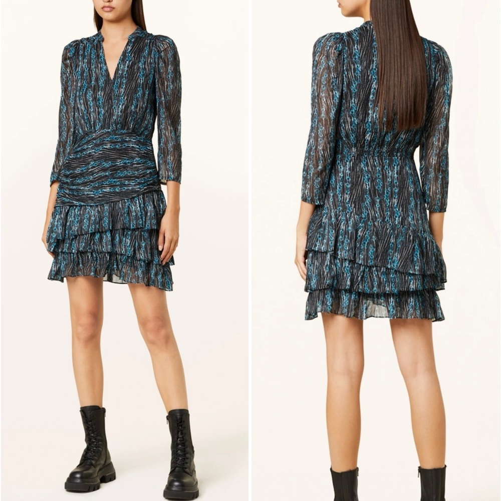 SUNCOO Paris Caliste Ruffle Tiered Metallic Thread V-Neck Mini Dress  Sz S